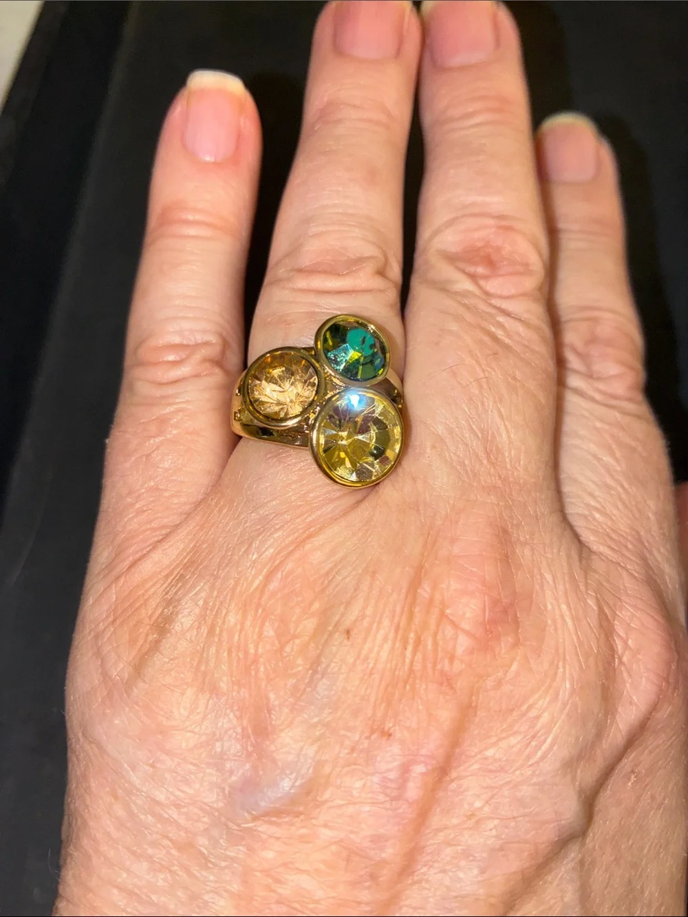 Gold Crystal Cluster Stretch Ring - Yellow & Teal Accent Very comfortable…